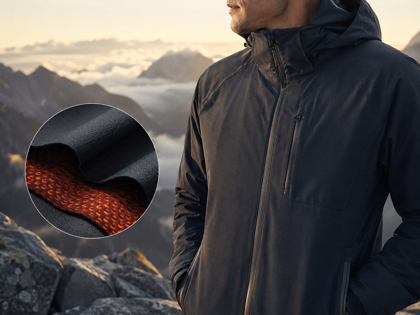 Far infrared warm-touch outdoor fabric with thermal inner structure
