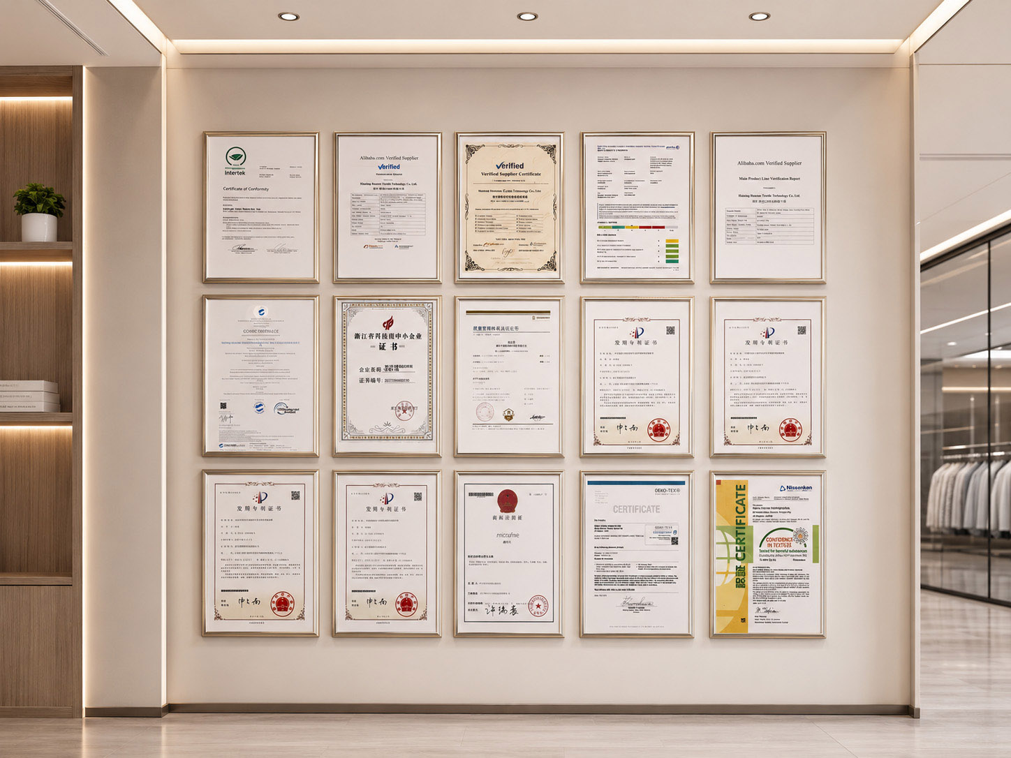 Huaman Tex certification wall and company qualification display